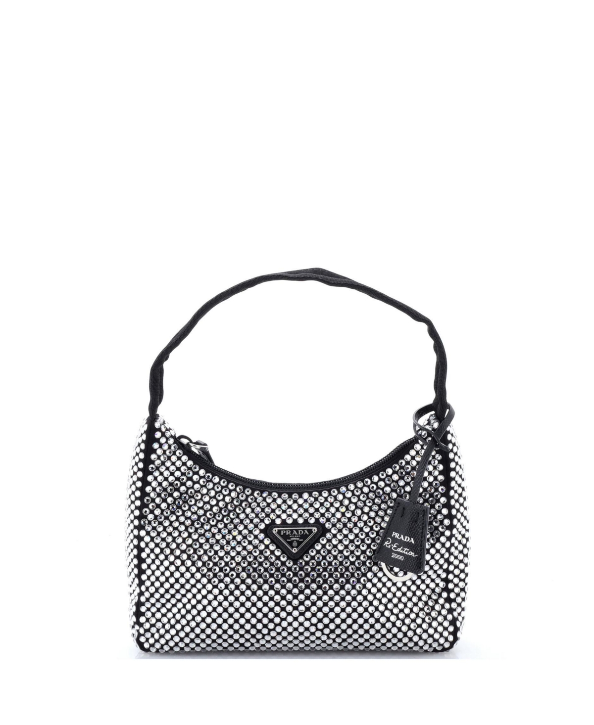 Pre-Owned Prada Mini Re-Edition 2000 Hobo Crystal Embellished Satin - Black