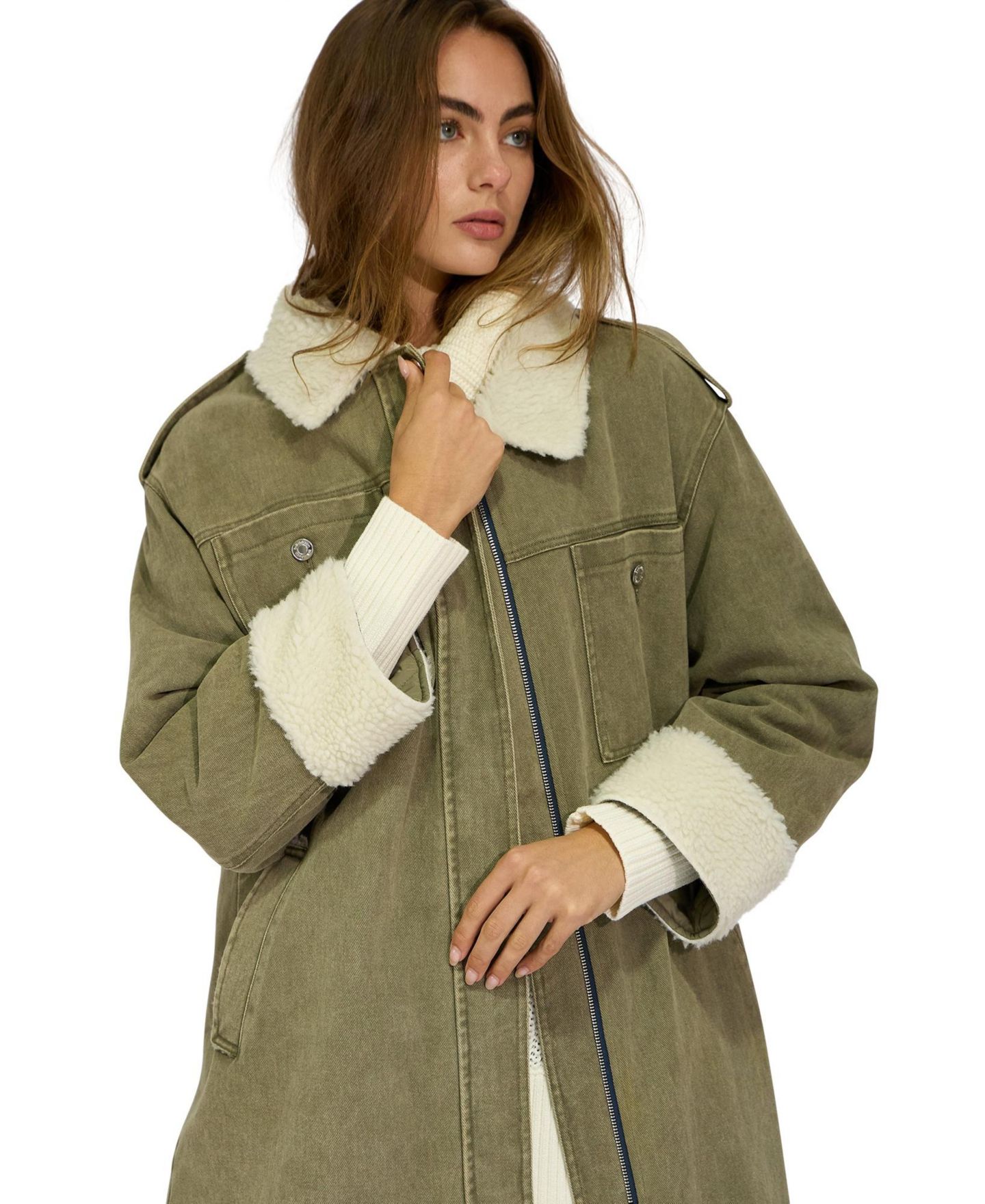 Женское пальто Belle & Bloom Chill Rider Denim Shearling, цвет: Оливковый — фото 7