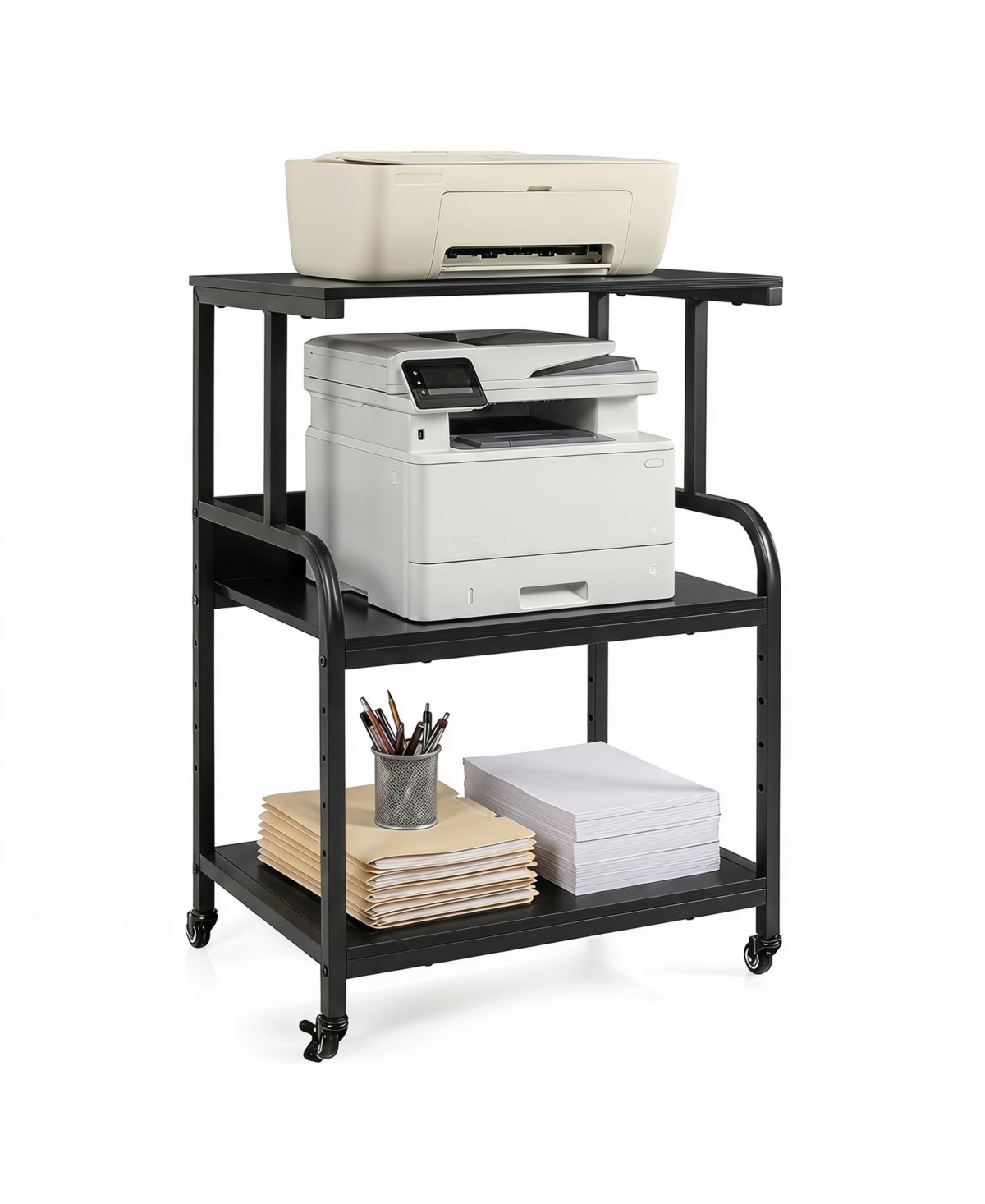Costway 3-Tier Rolling Printer Stand with Adjustable Shelf, Lockable Wheels, Metal Frame