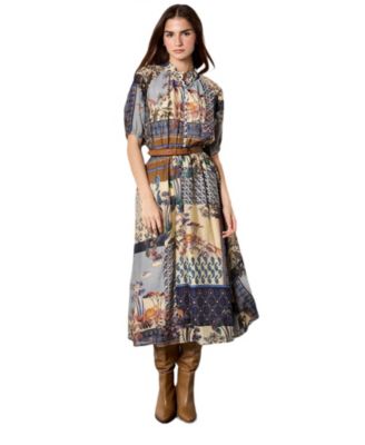 Women's Patchwork Art Puff-Sleeve Midi Shirt Dress