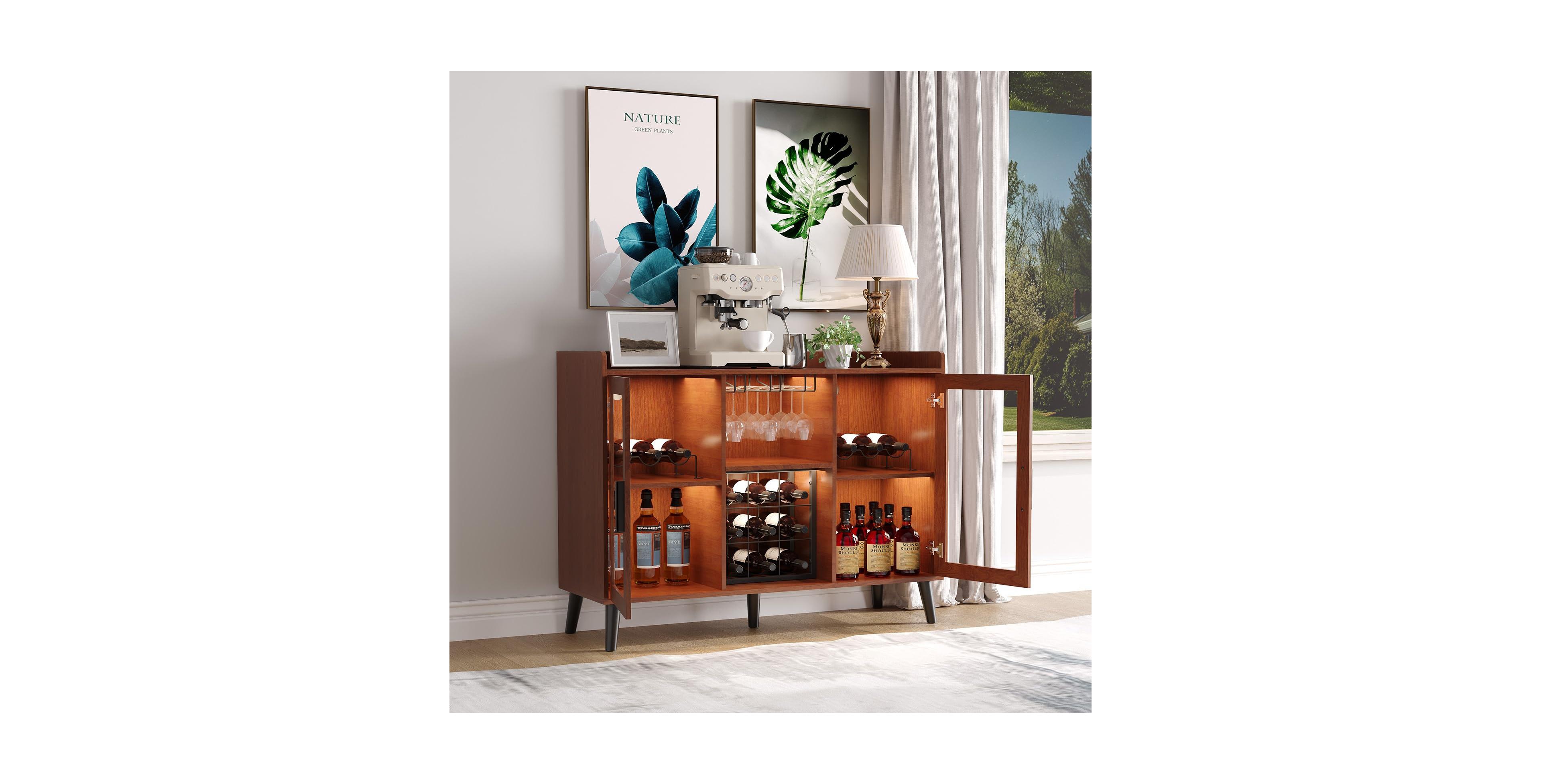 Homfan 47.2 Inch Wood Adjustable Led Light Wine Rack Bar Cabinet