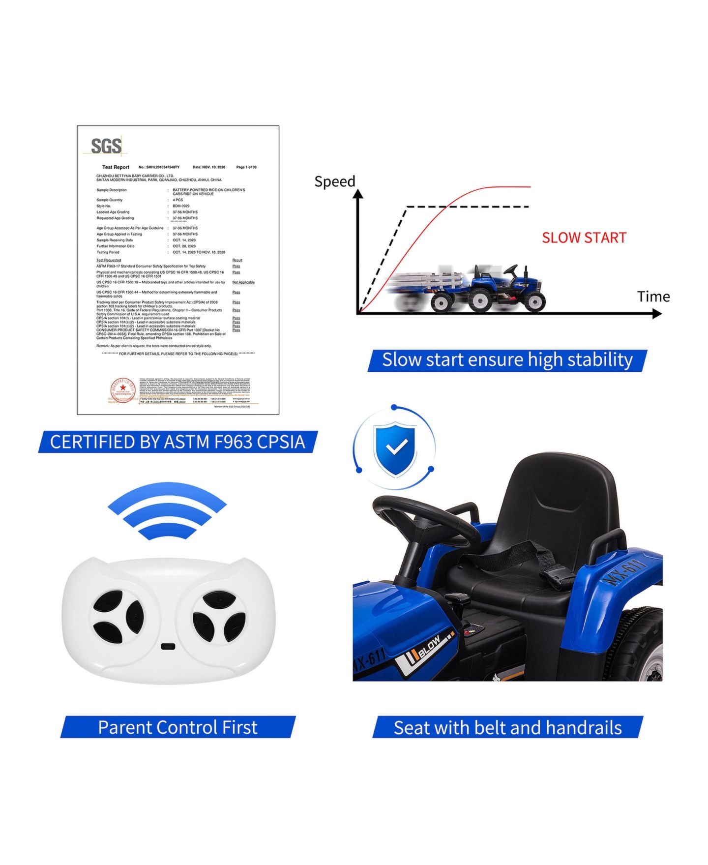Детская игрушка homfan 54" L x 20" W x 21" H Battery-Powered Remote Control Detachable Trailer Ride-On Tractor, от 3 лет, цвет: Синий — фото 3