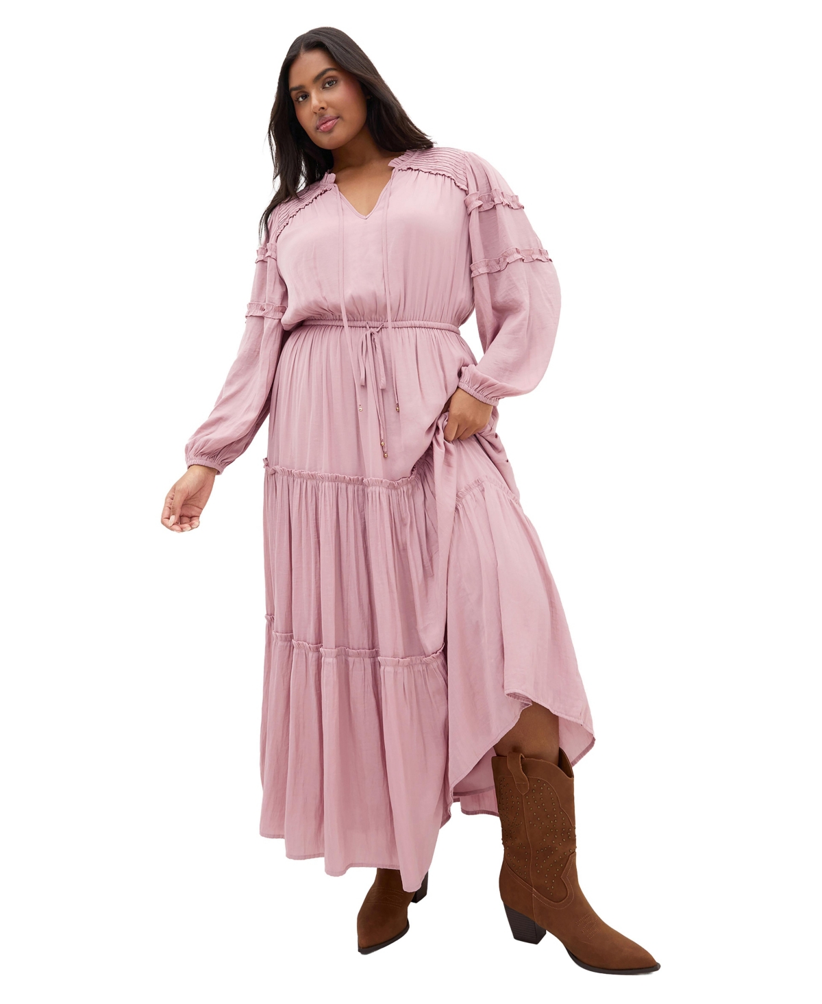 City Chic Plus Size Drama Queen Boho Tiered Long Sleeve Maxi Dress - Dusty pink