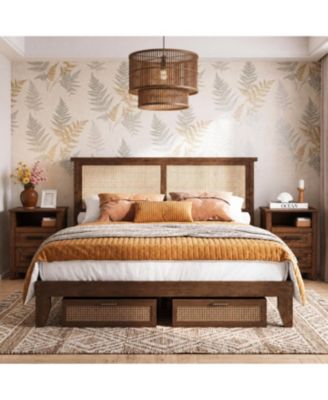 Rattan Platform Bed Frame with LED Lights and Storage Headboard and  Set of 2 Farmhouse Bedside Tables with Charging Station