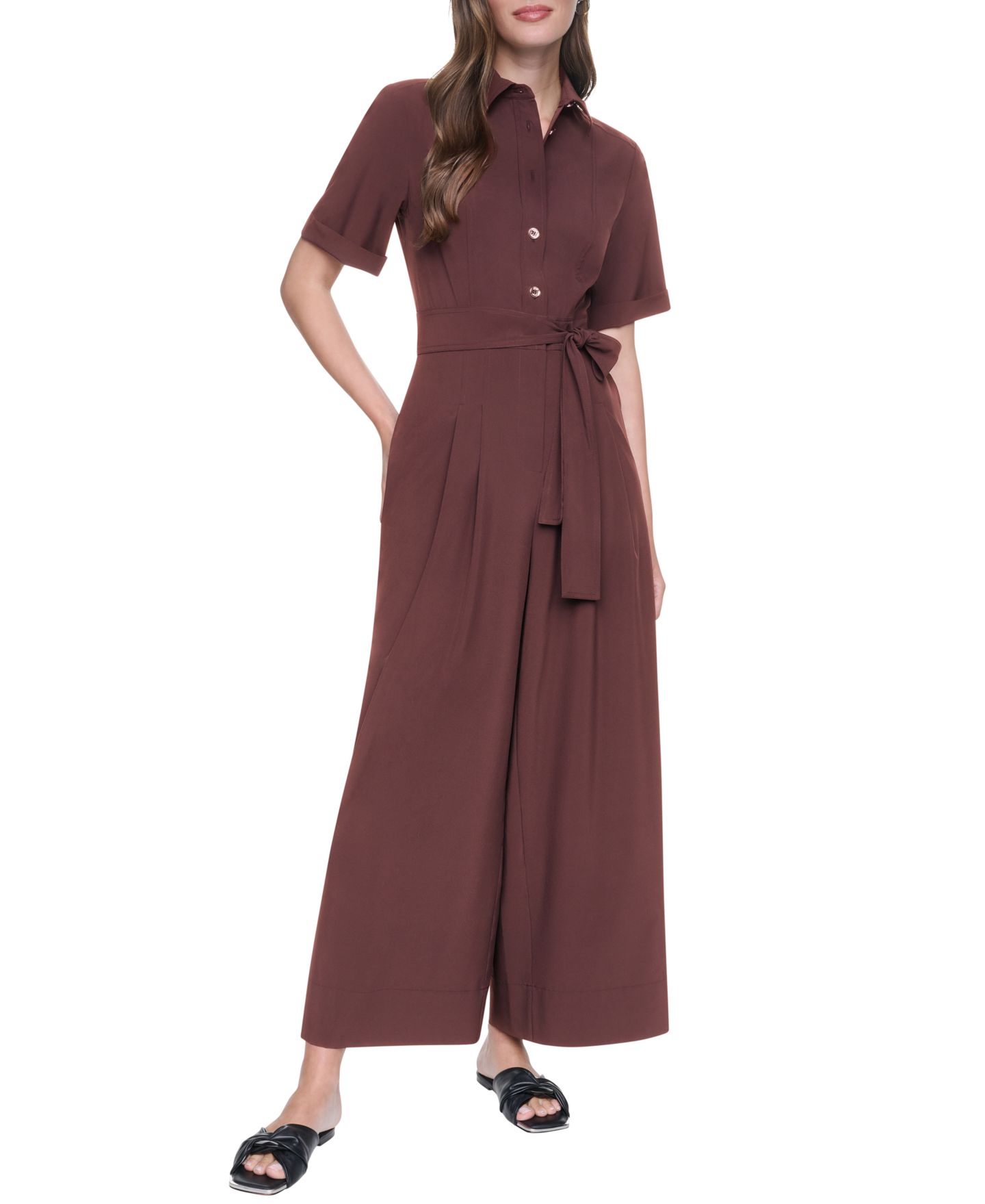Женский комбинезон DKNY с широкими брюками, воротником и короткими рукавами, для невысоких, цвет: Java — фото 1