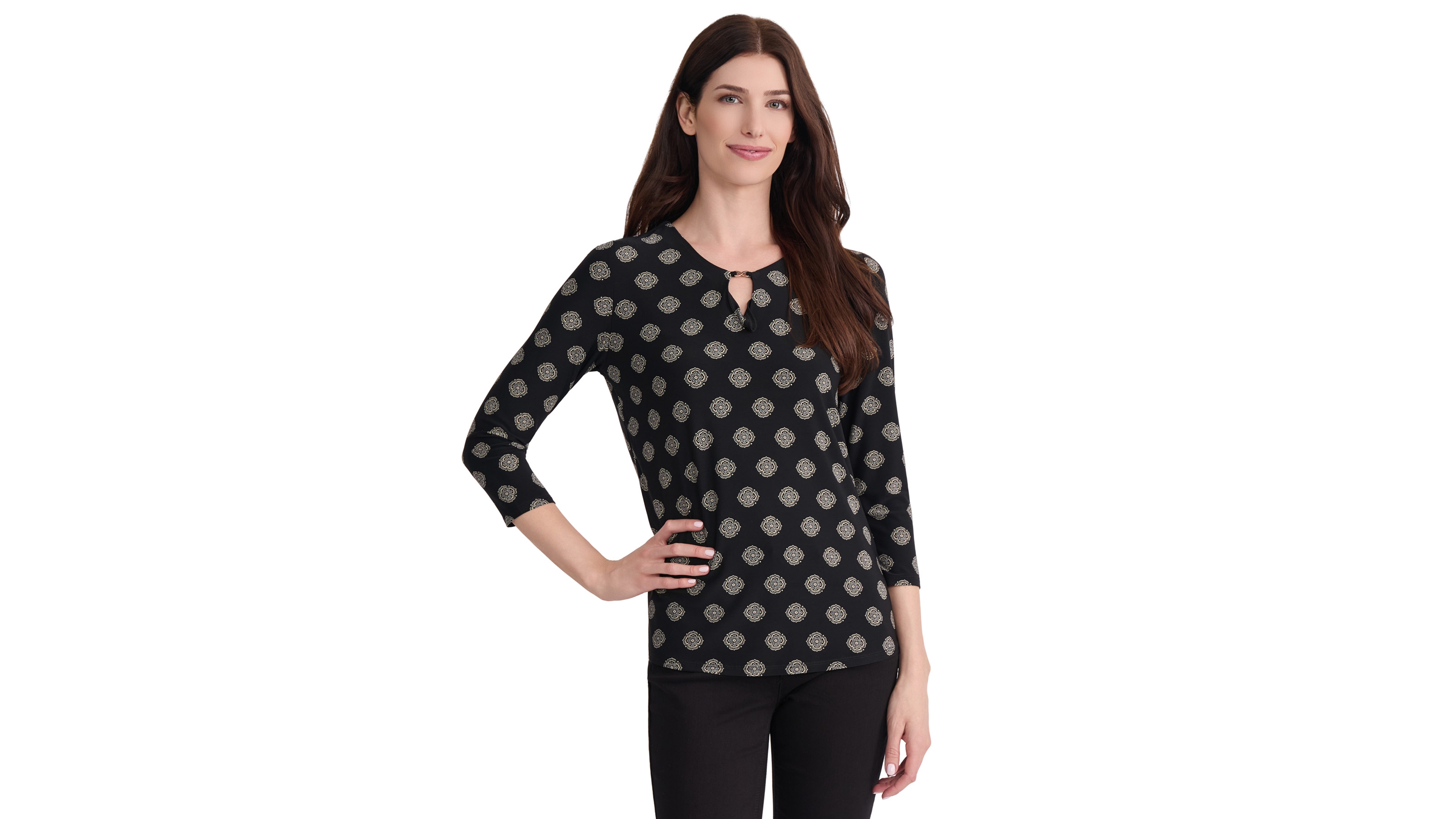 Jones New York Women's Infinity Trim 3/4-Sleeve V-Neck Blouse