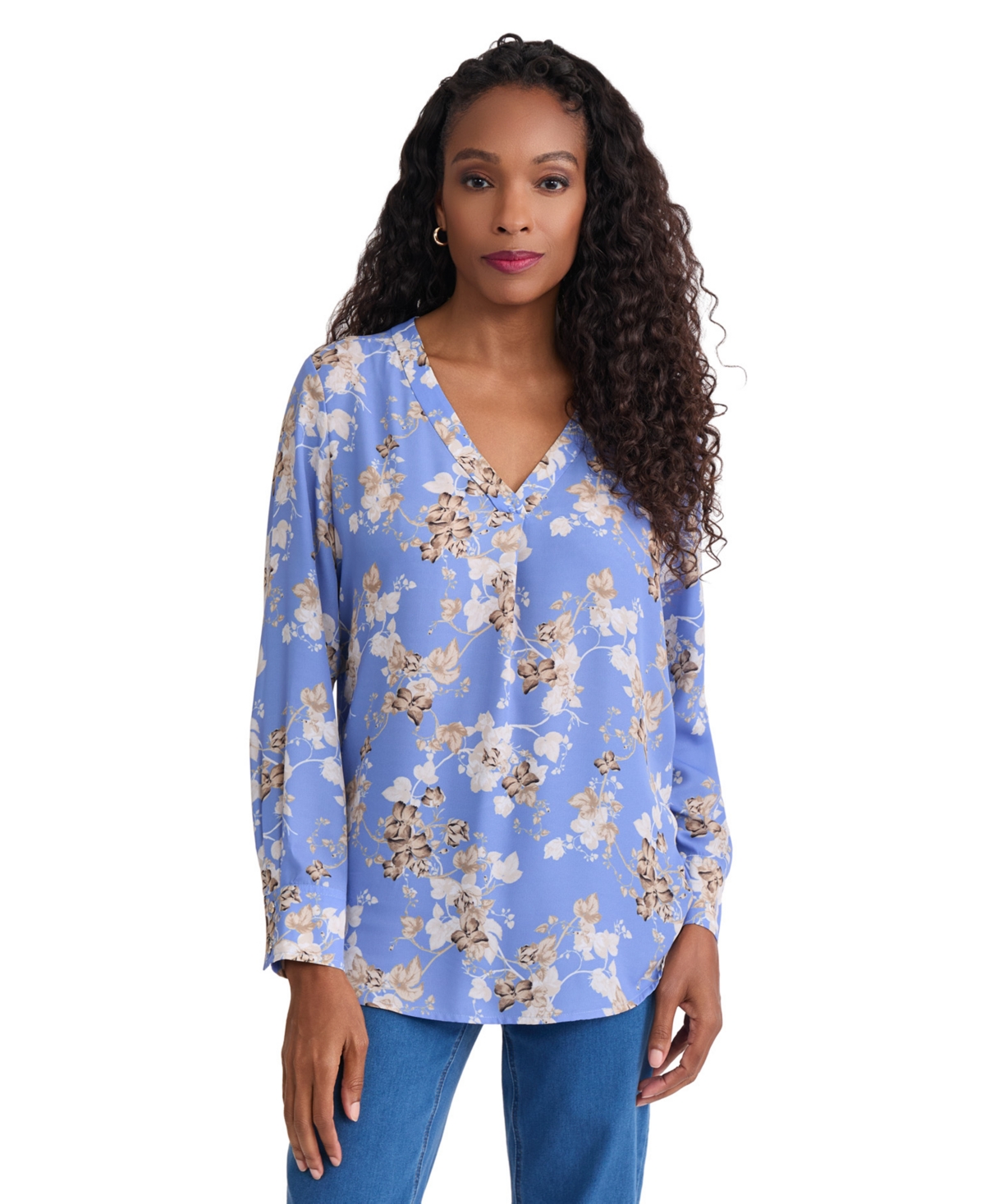 Jones New York Women's V-Neck Floral Long-Sleeve Blouse