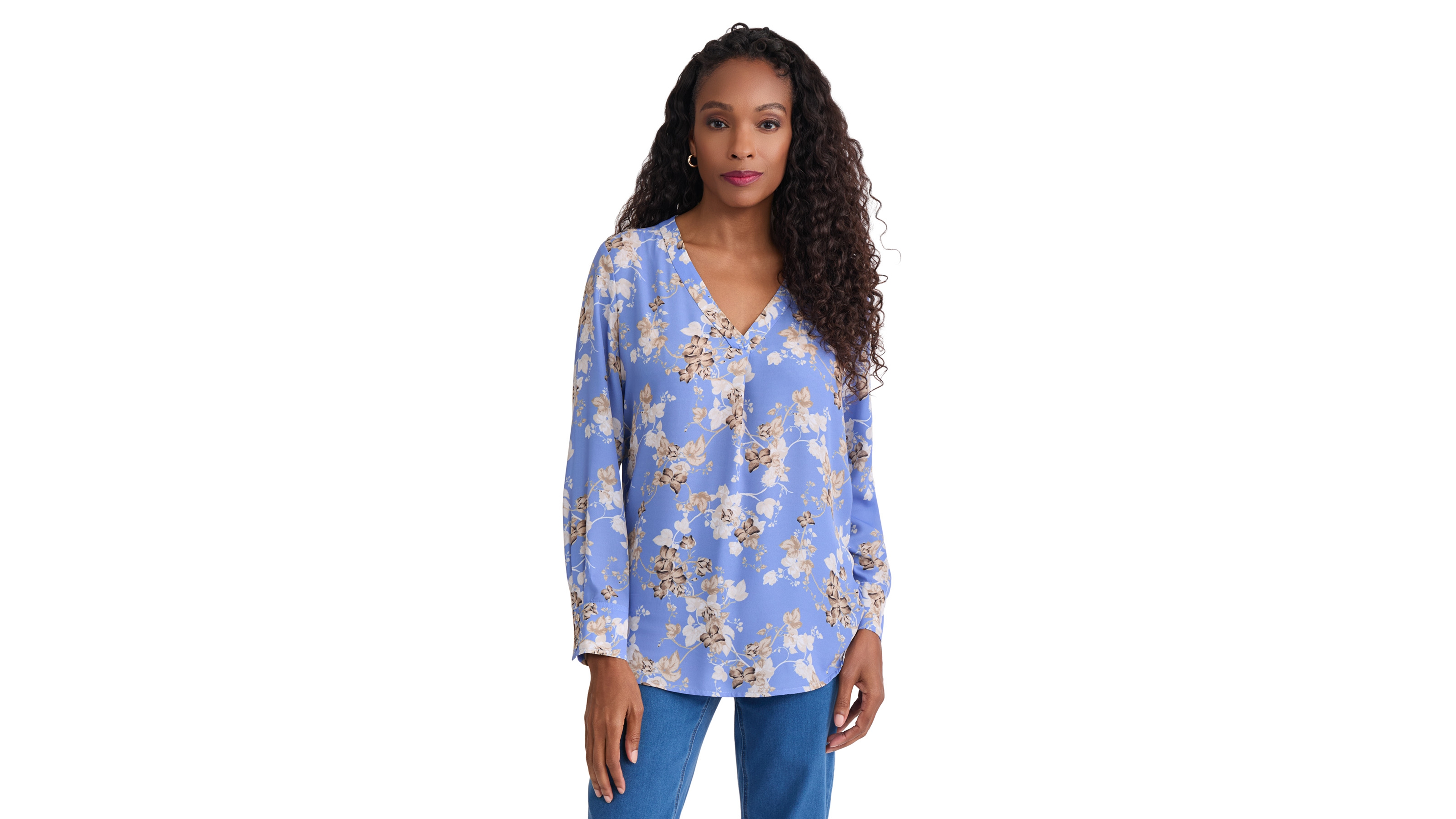 Jones New York Women's V-Neck Floral Long-Sleeve Blouse