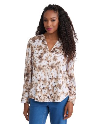 Women's Simplified Utility Floral Long-Sleeve V-Neck Blouse