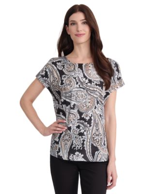 Women's Short-Sleeve Paisley Shoulder Button Detail Blouse