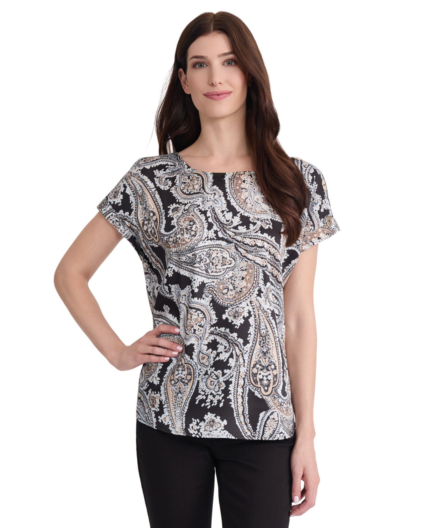 Женская блузка Jones New York Short-Sleeve Paisley Shoulder Button Detail, цвет: Чёрный разноцветный — фото 1