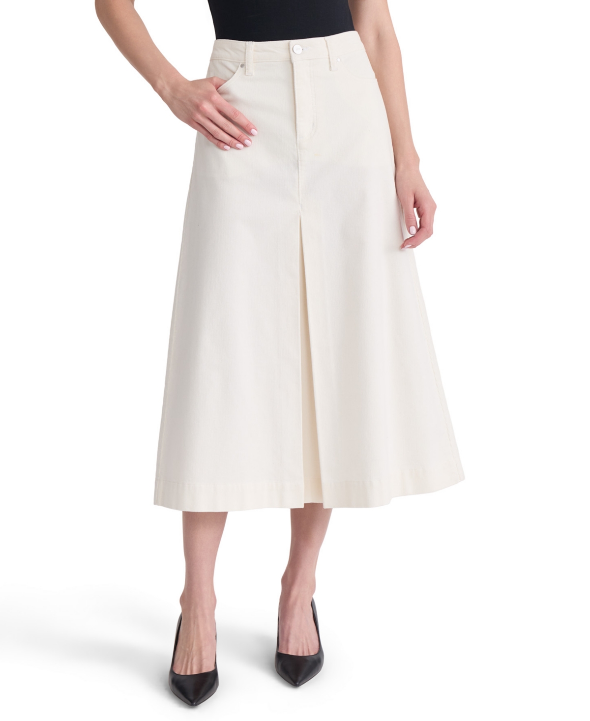 Jones New York Women's High-Waisted A-Line Inverted-Pleat Denim Midi Skirt - White Sand