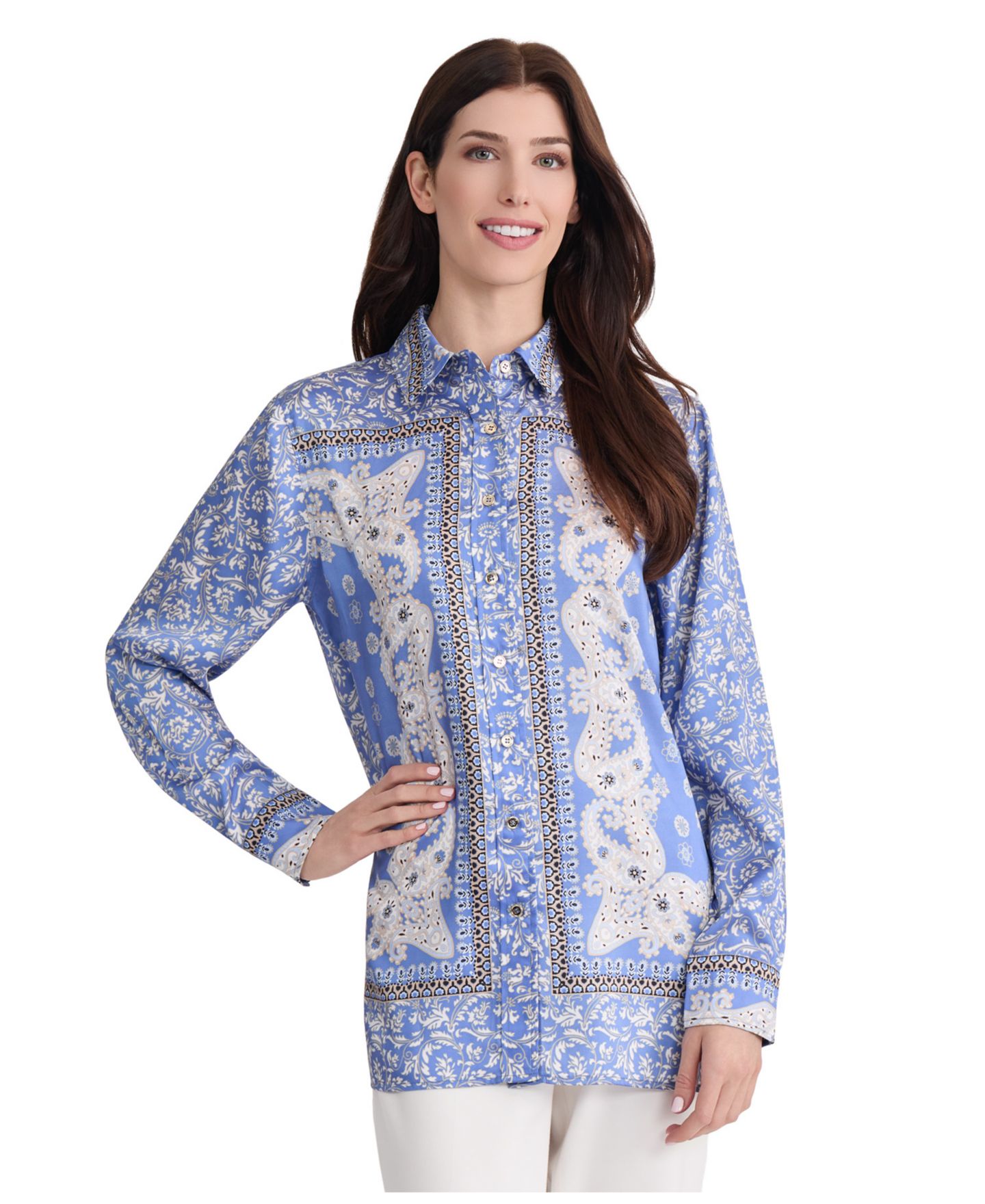 Женская блузка Jones New York Satin Paisley-Print Button-Front, цвет: Синий каменный — фото 1