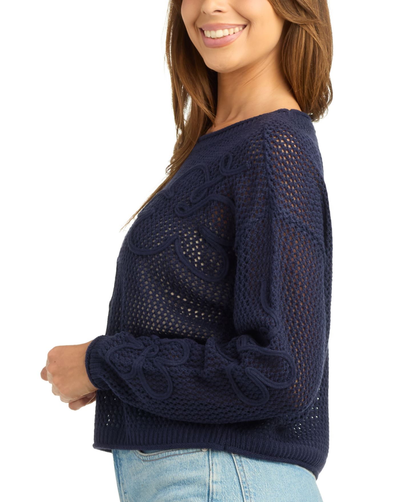 Женский свитер BCX Juniors' Resort Crochet Long-Sleeve Loose-Fit, цвет: Тёмно-синий — фото 4