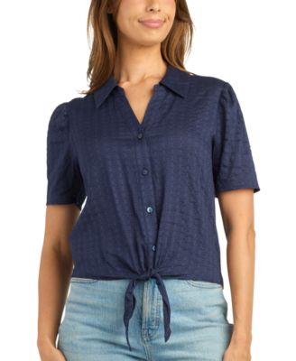 Juniors' Tie-Front Dobby-Stripe Short-Sleeve Top