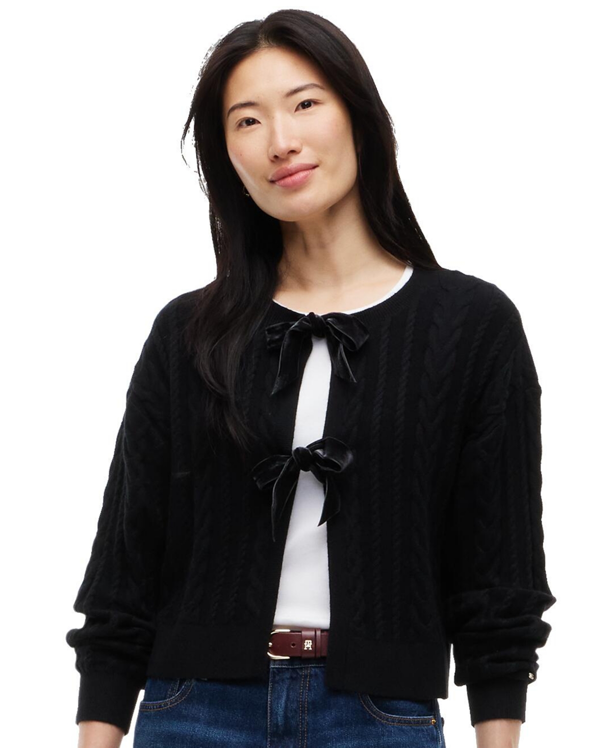 Tommy Hilfiger Women's Front Bows Cable-Knit Cardigan