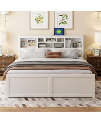 King Size Wood Platform Bed with Storage Headboard, USB Charging Station and Drawers, Sturdy Pine Wood Bed Frame for Bedroom, Guest Room