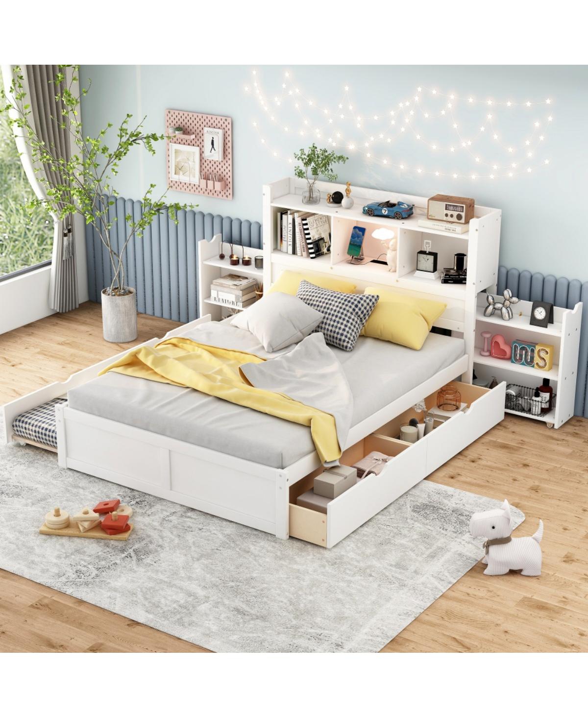 Rainsken Twin Size Daybed with Trundle, Storage Arms and Charging Station, Solid Wood Frame No Box Spring Needed for Bedroom, Guest Room, Apartment