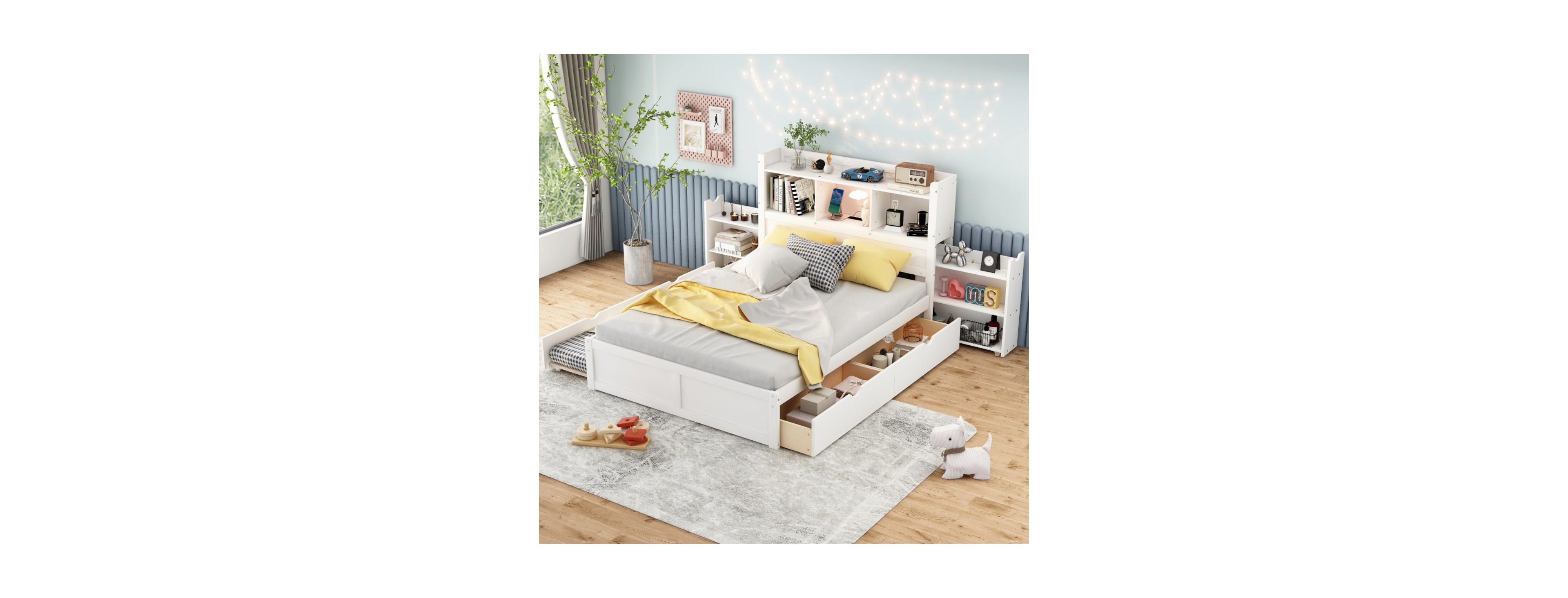 Rainsken Twin Size Daybed with Trundle, Storage Arms and Charging Station, Solid Wood Frame No Box Spring Needed for Bedroom, Guest Room, Apartment