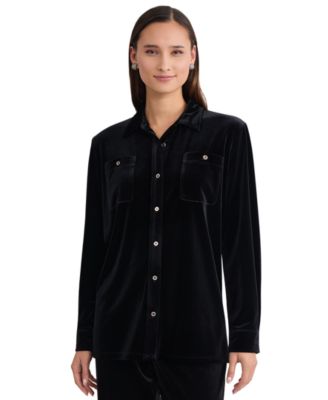 Plus Size Velvet Button-Down Long-Sleeve Tunic