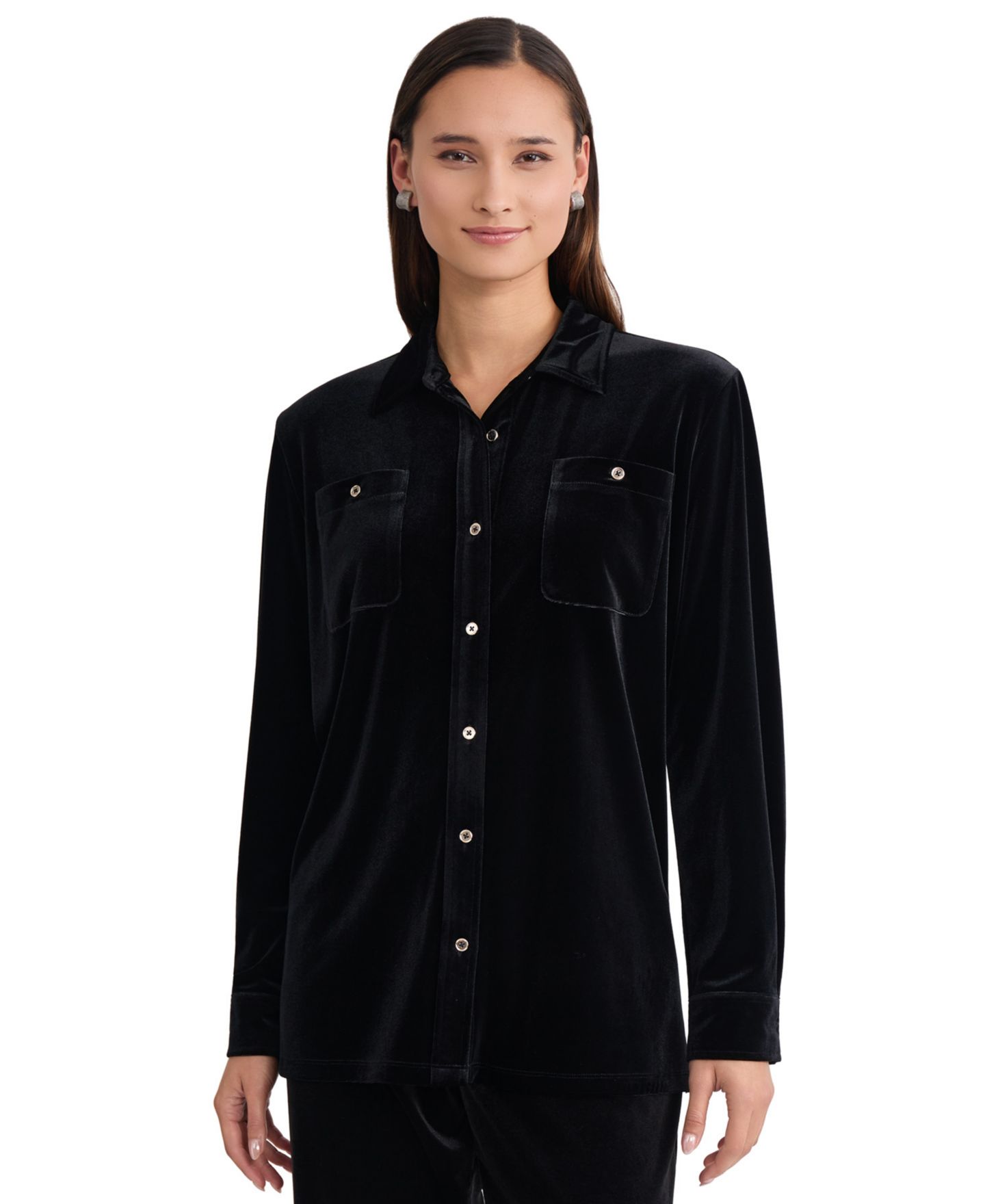 Женский топ Jones New York Plus Size Velvet Button-Down Long-Sleeve Tunic, цвет: Чёрный — фото 1