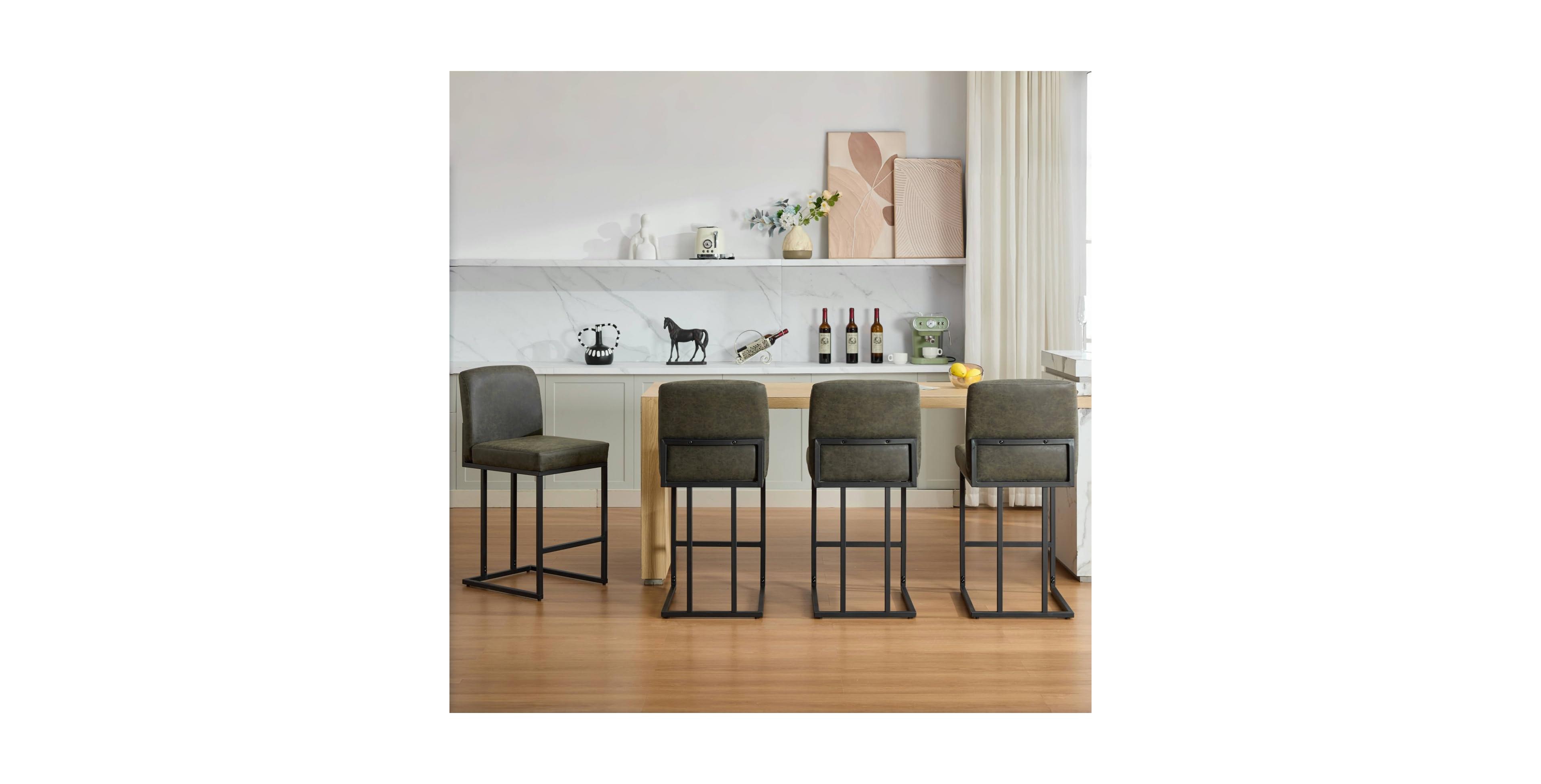 homfan Modern 24" Counter Height Bar Stools Set of 4 with Backrest Faux Leather Upholstered Chairs, Sturdy Metal Frame and Footrest for Kitchen Island