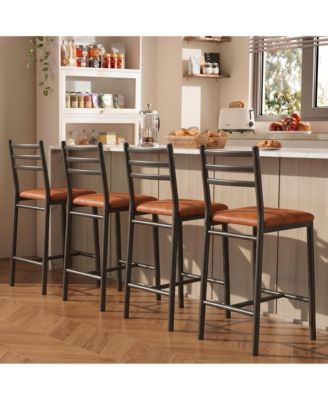 Set of 4 Counter Height Bar Stools for Kitchen Island Home Bar, PU Leather Upholstered Bar Chairs with Backrest, Footrest and Metal Frame