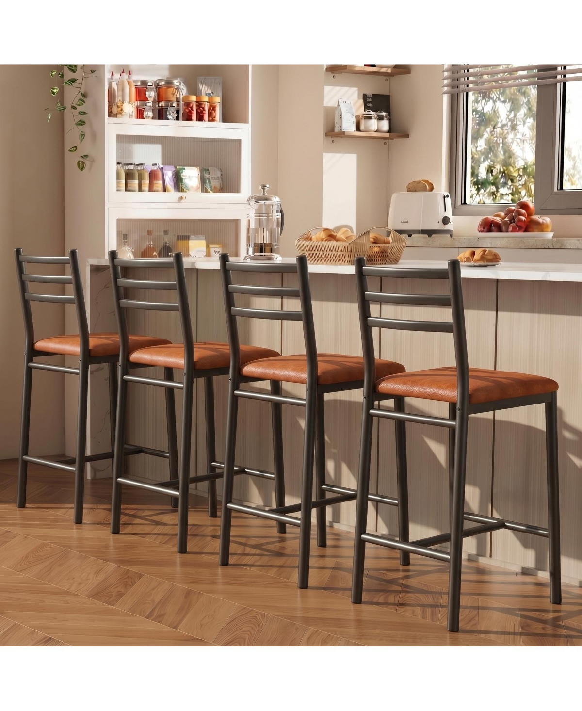 homfan Set of 4 Counter Height Bar Stools for Kitchen Island Home Bar, Pu Leather Upholstered Bar Chairs with Backrest, Footrest and Metal Frame