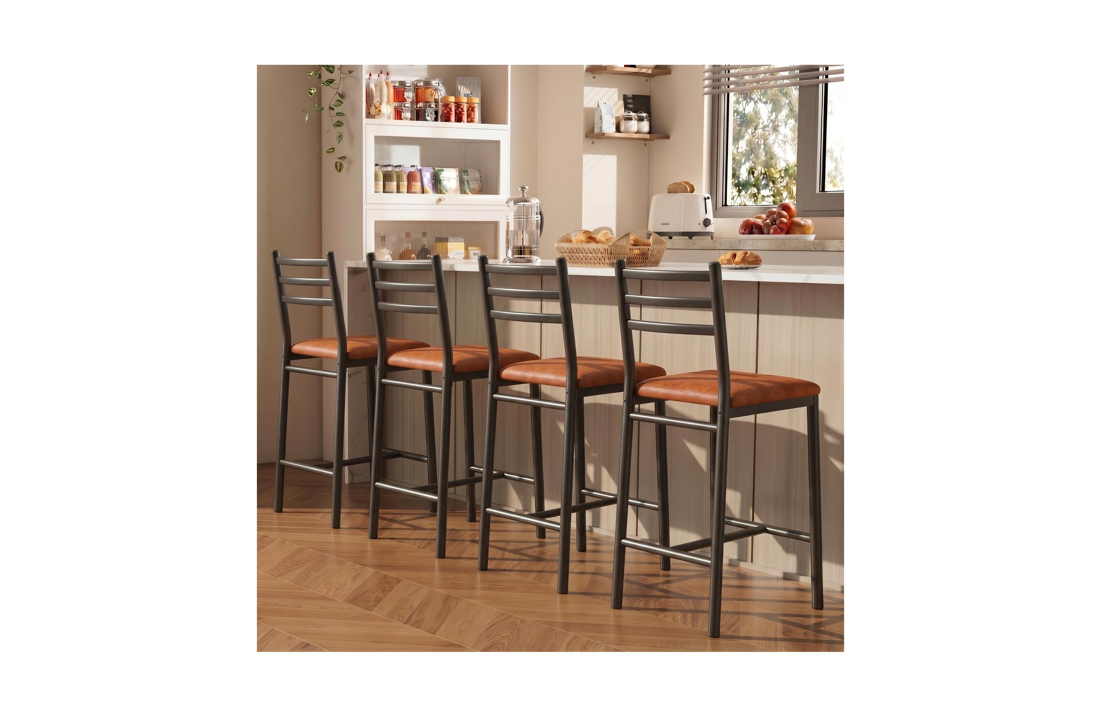 homfan Set of 4 Counter Height Bar Stools for Kitchen Island Home Bar, Pu Leather Upholstered Bar Chairs with Backrest, Footrest and Metal Frame