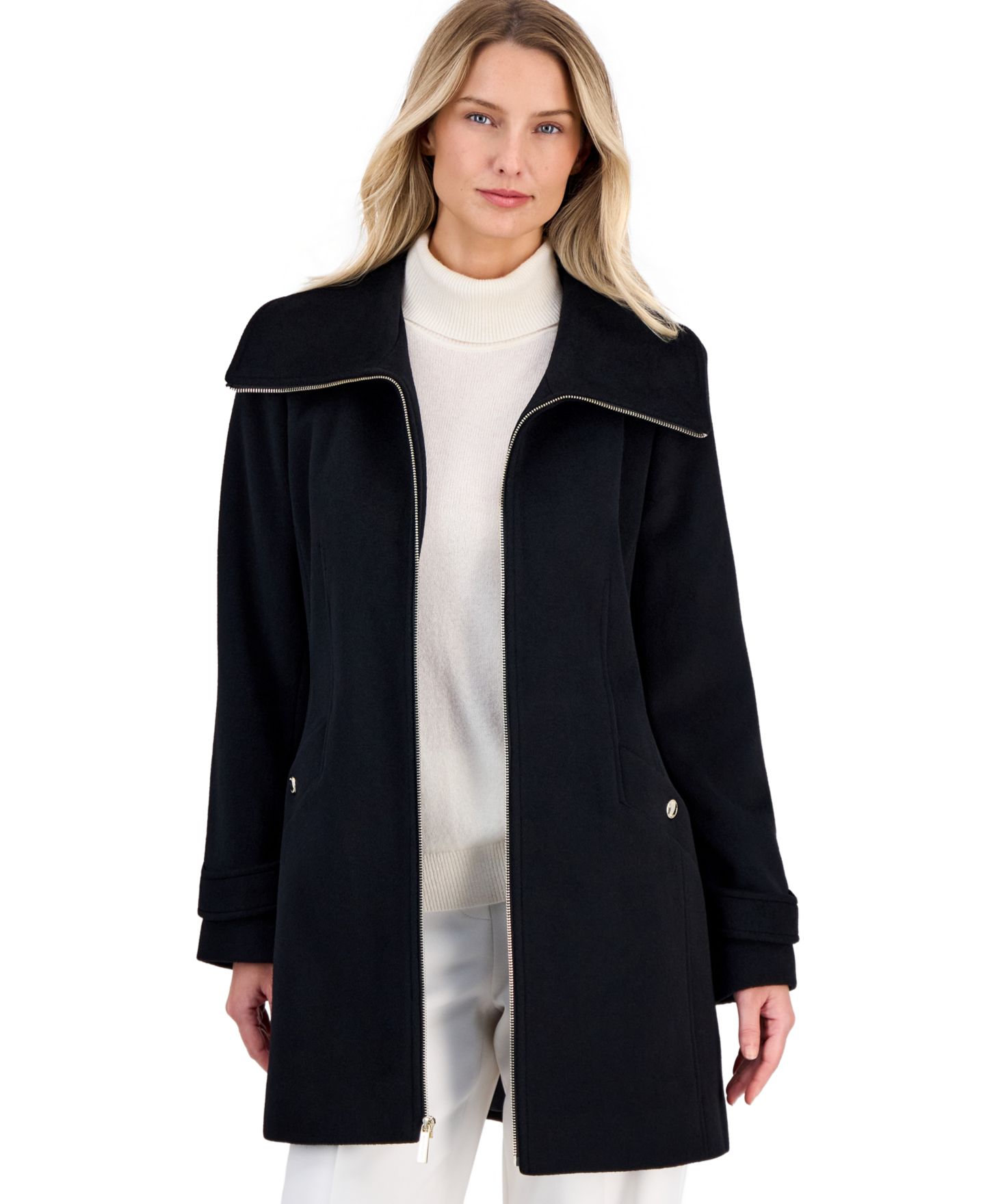 Женское пальто MICHAEL Michael Kors Women's Collared Zip-Front, цвет: Чёрный — фото 1