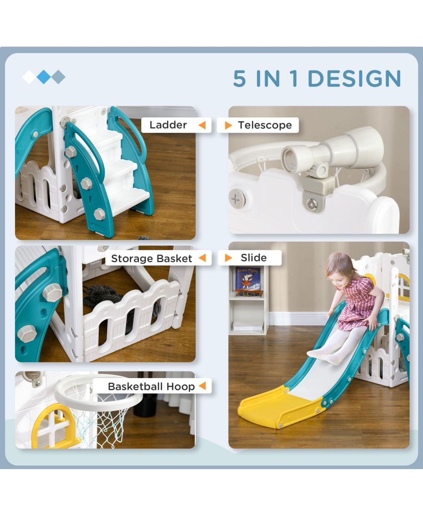 Детская игрушка SEVORLEY Kids Activity Slide with Basketball Hoop and Enclosed Staircase, Ages 1-3, цвет: Жёлтый — фото 5