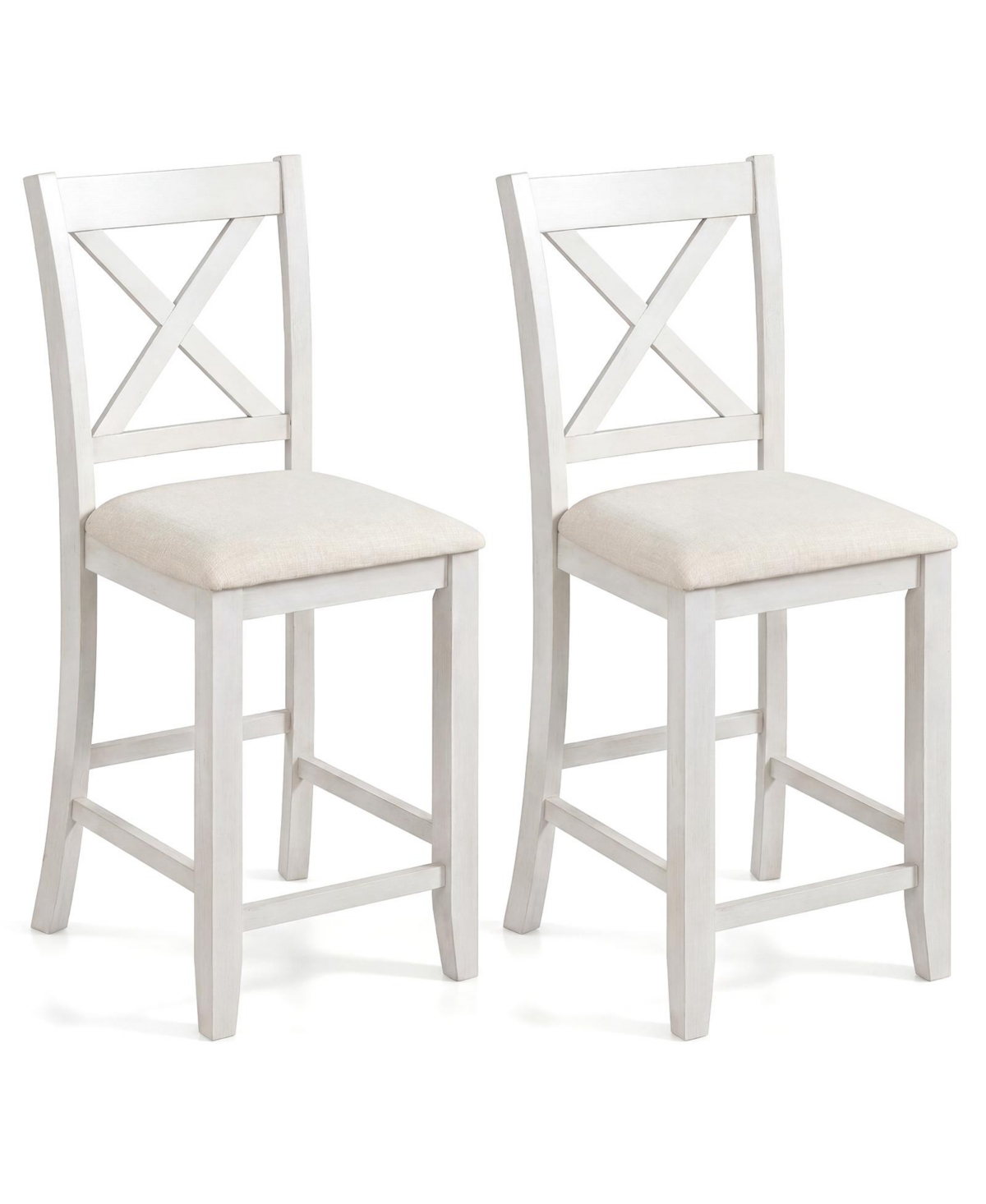 Costway Rubber Wooden Bar Stools Set of 4 with Footrest Comfortable Linen Cushion