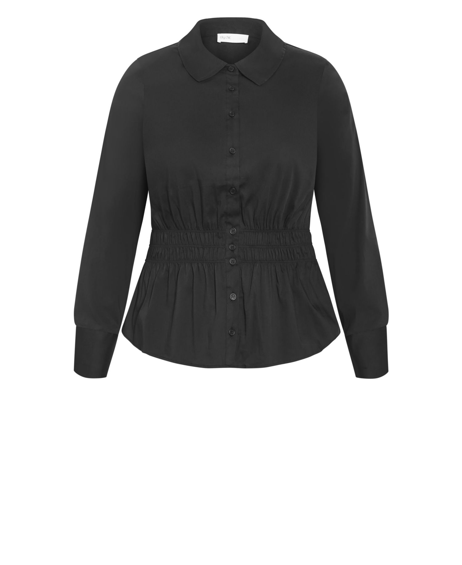 Plus Size Collared Long-Sleeve Shirred-Waist Blouse