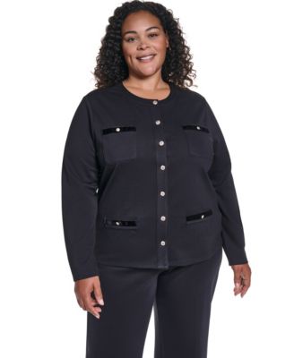 Plus Size Long-Sleeve Crewneck Button-Front Top