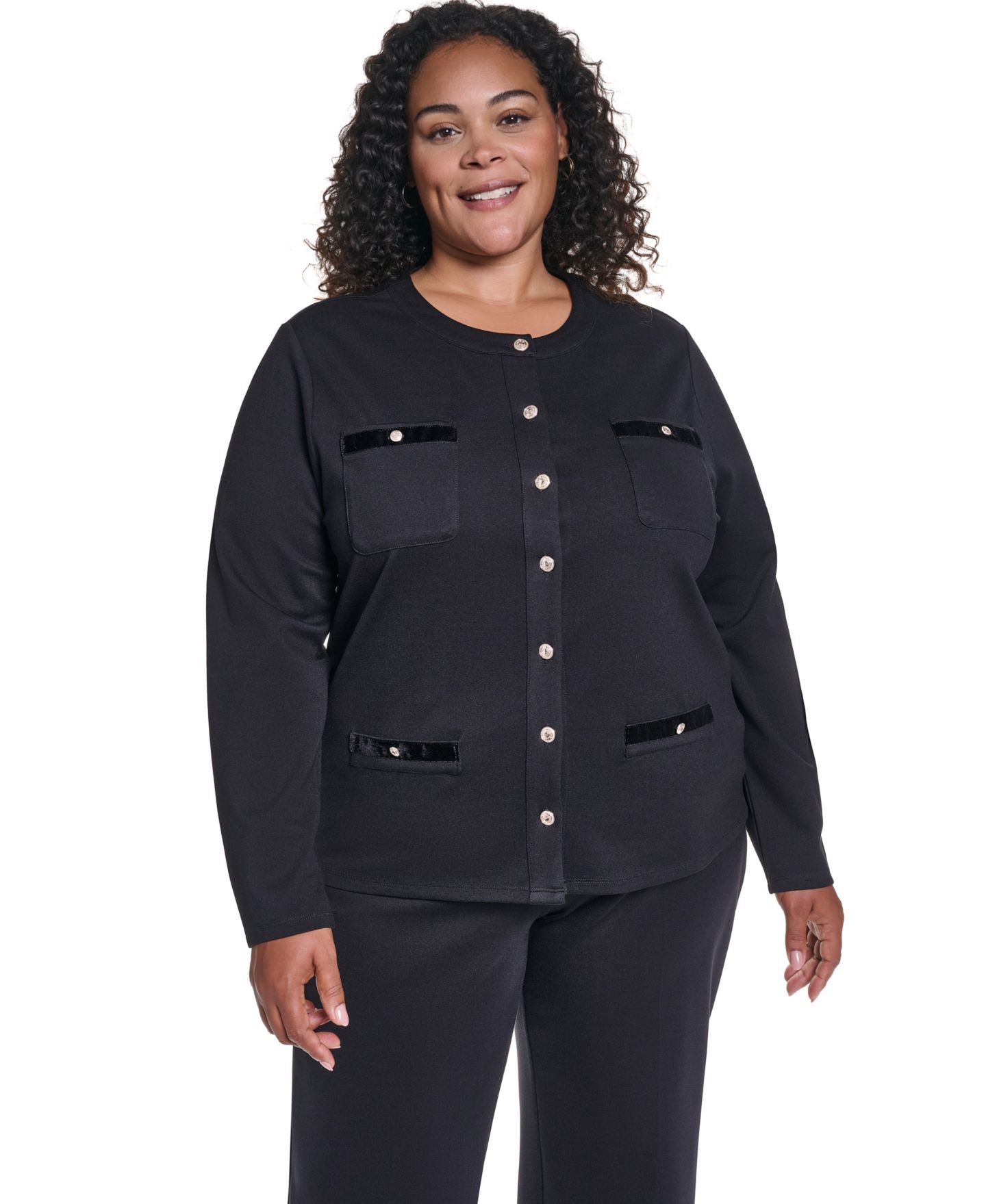 Женский топ KARL LAGERFELD PARIS Plus Size Long-Sleeve Crewneck Button-Front Top, цвет: Чёрный — фото 1