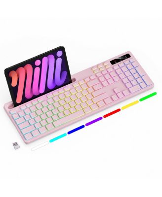 Wireless Keyboard RGB Backlit Phone Holder 2.4G Rechargeable Quiet Typing Multimedia Keys