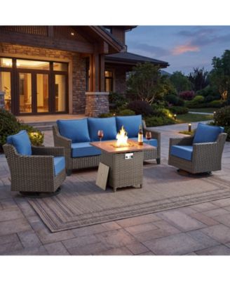 Horiz 4-Piece All-Weather Wicker Patio Furniture Set with Fire Pit Table and Swivel Rocker Chairs, 6-inch Thick Cushion