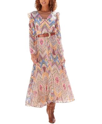 Women's Printed Pleated Ruffle-Trim V-Neck Smocked-Waist Maxi Dress