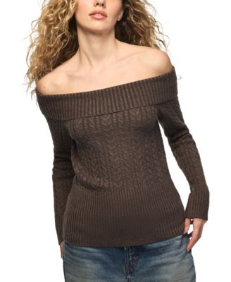 Women's Off-the-Shoulder Cable-Knit Fold Over Rib Sweater