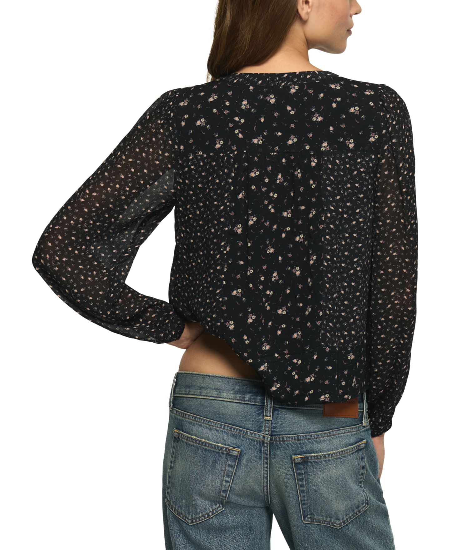 Женский топ Lucky Brand Floral-Print Sheer Long-Sleeve Peasant, цвет: Чёрный с принтом — фото 5