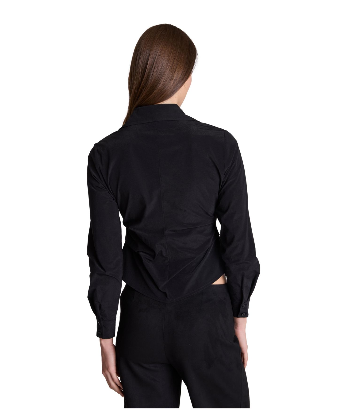 Женская рубашка Kenneth Cole Asymmetrical Long-Sleeve Collared Knit Taffeta, цвет: Чёрный — фото 4