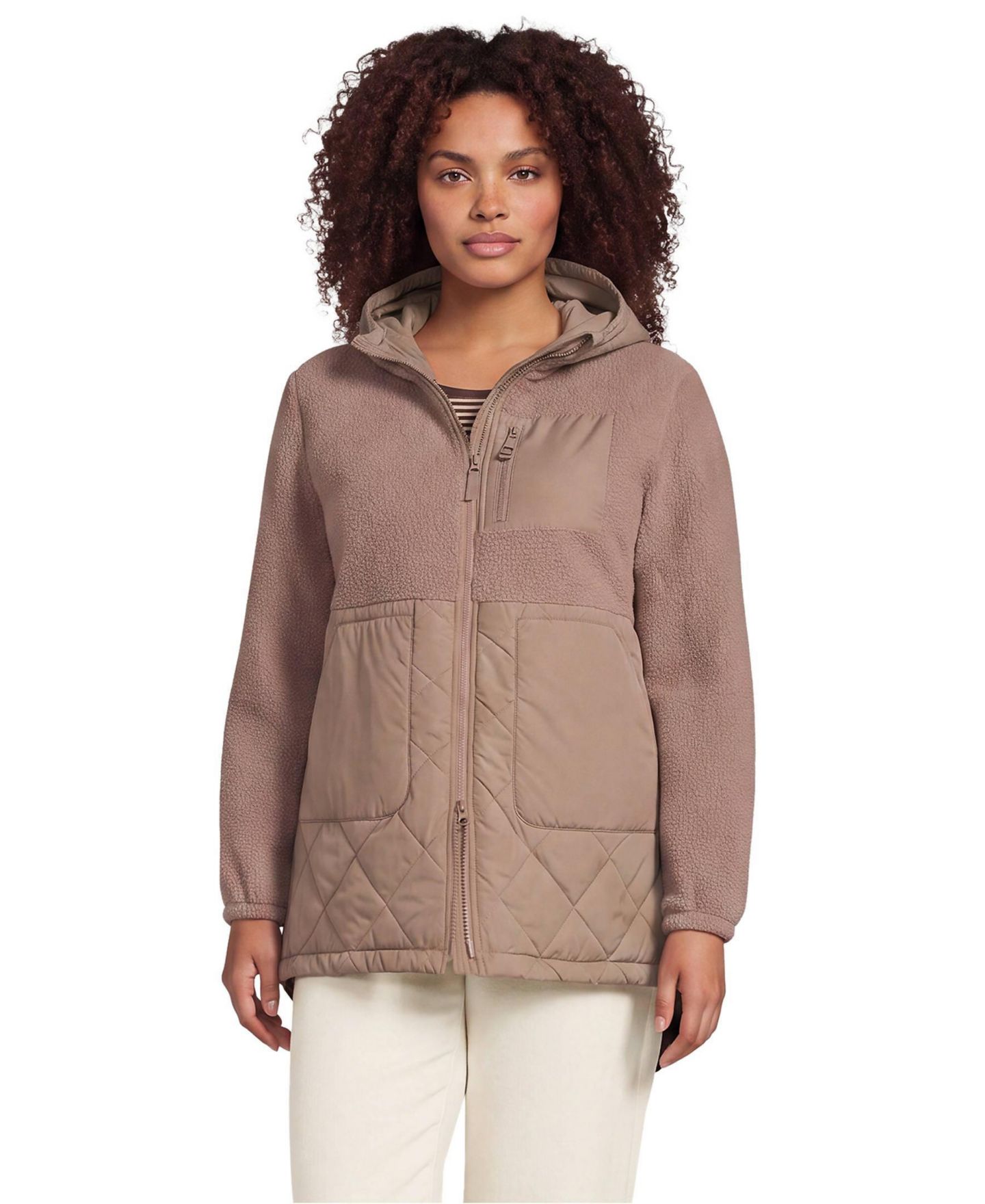 Женская куртка Lands' End Plus Size High Pile Quilted Mixed Media, цвет: Какао — фото 1
