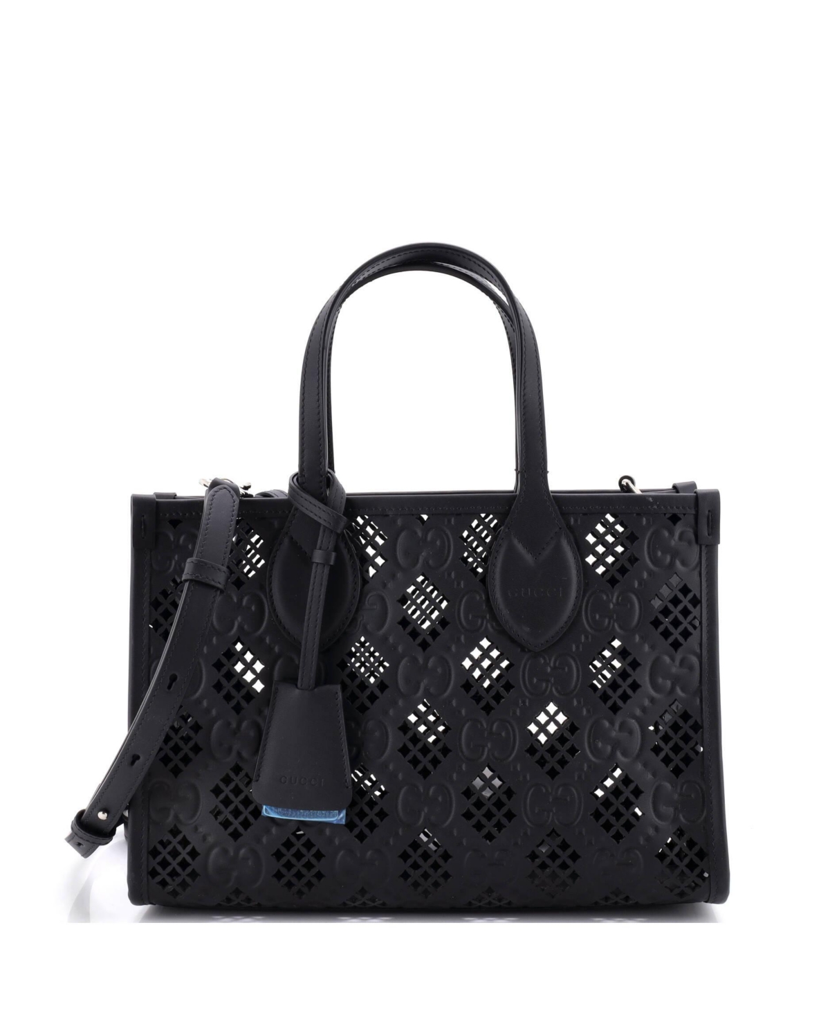 Pre-Owned Gucci Small Convertible Tote Gg Debossed Laser Cut Leather - Black