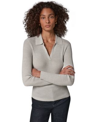 Women's Lurex Long-Sleeve V-Neck Ribbed Polo Sweater