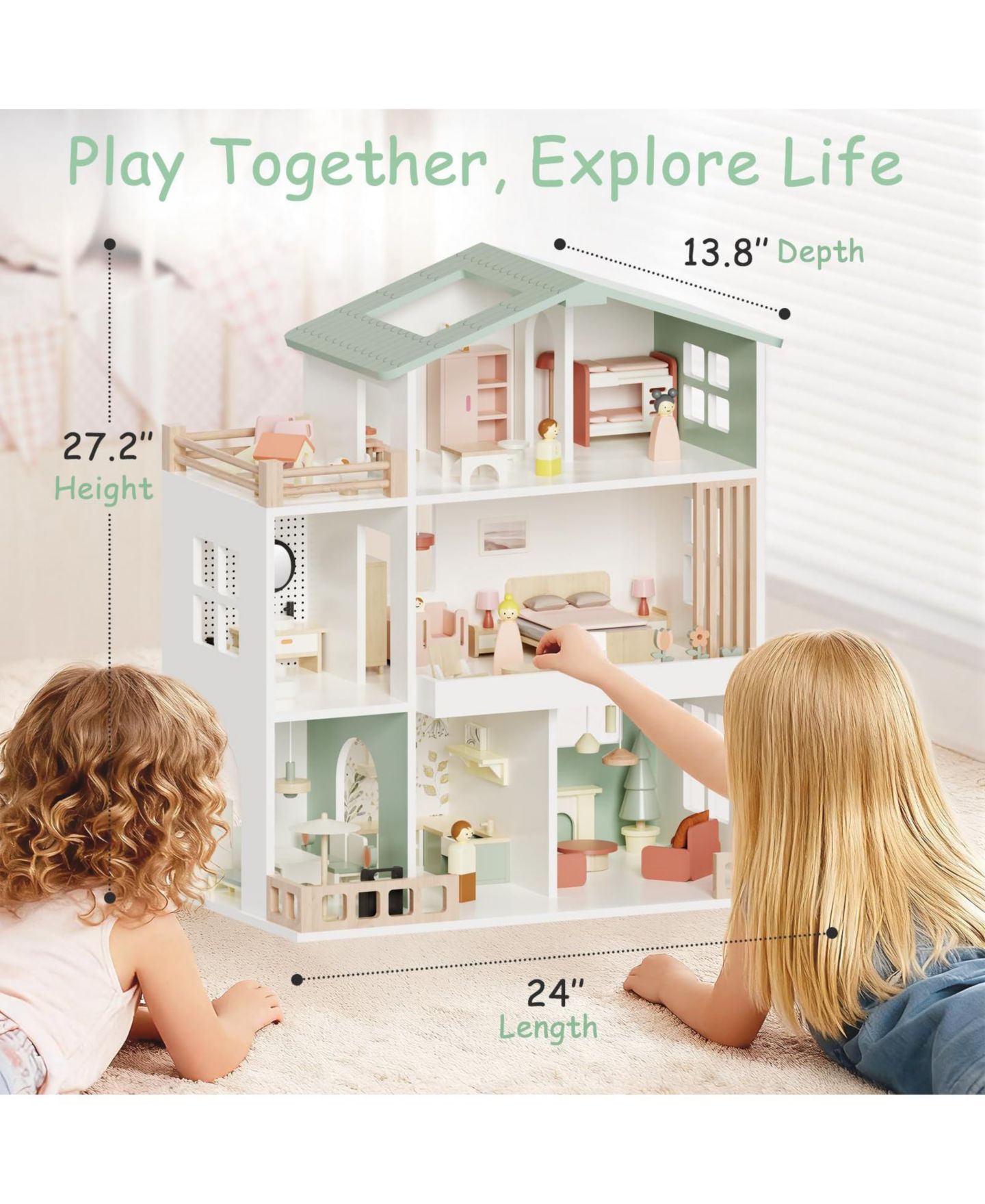 Детские аксессуары для кукол GNUADZ Wooden 8-Room Dollhouse with Family Figures, Ages 3+, цвет: Бежевый — фото 4