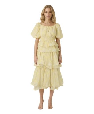 Women's Puff Sleeve Tiered Ruffle Midi Dress