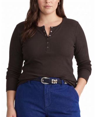 Plus Size Henley Long-Sleeve Ribbed Tee