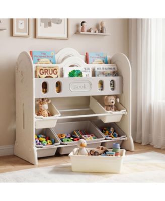 33 Inch 2-Tier HDPE and PP 6-Bin Kids Bookcase