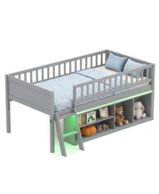 Twin Size Wood Loft Bed with LED Lights Bookshelf and Guardrail
