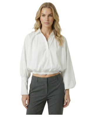 Women's Button-Front Cropped Long-Sleeve Blouse